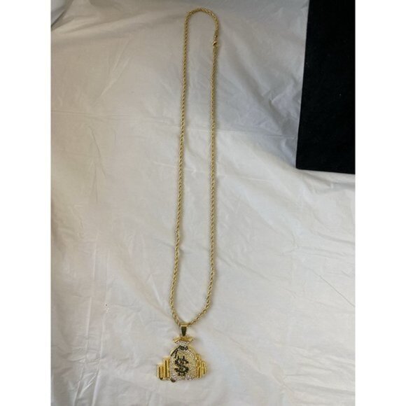 Dollar Money Bag Necklace Gold Tone with Green Jewels - Picture 5 of 10